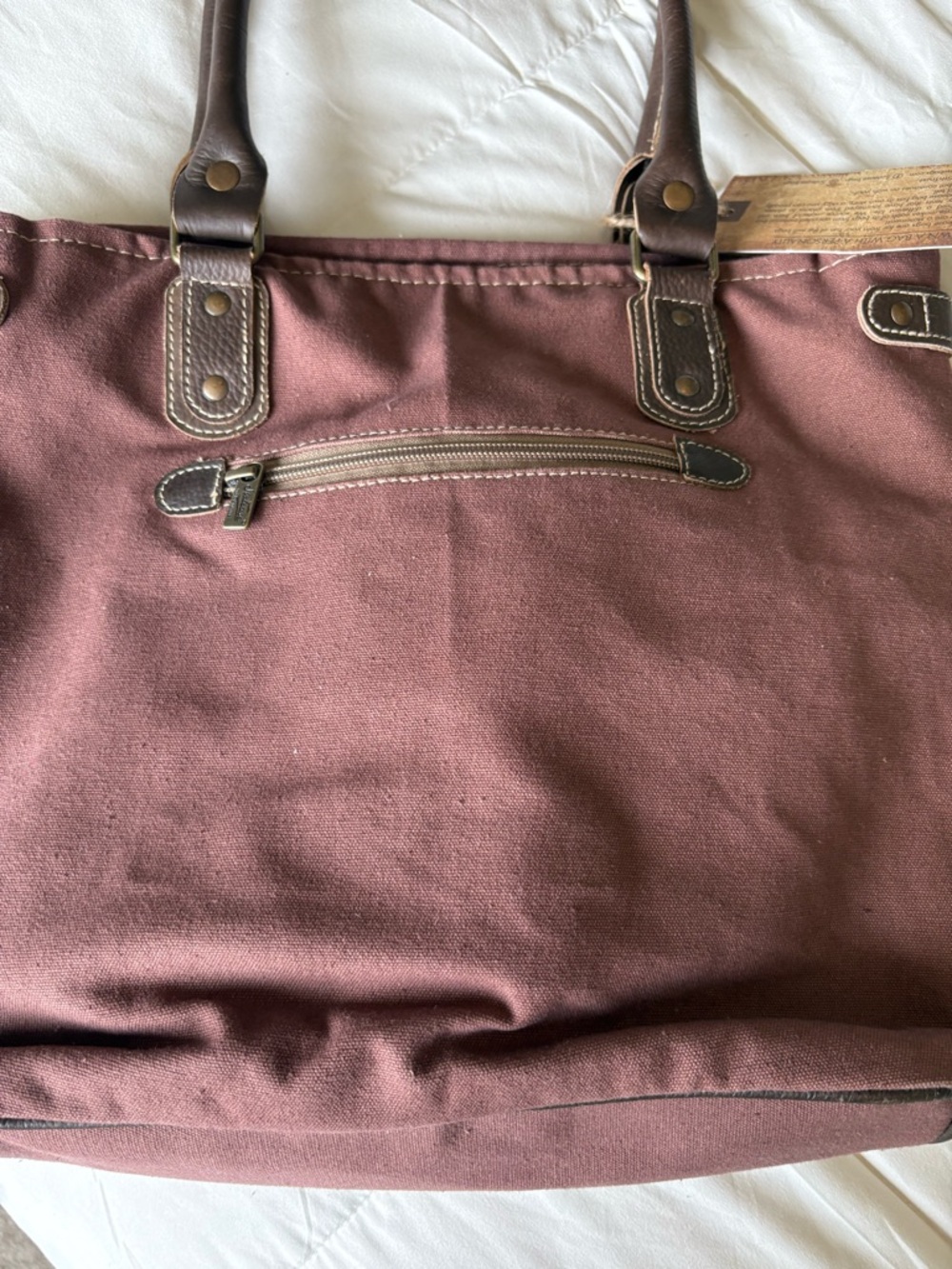 Blue Patterned Canvas Tote with Brown Trim - Picture 3 of 4